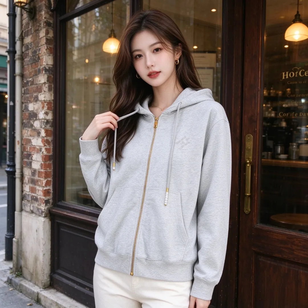 Louis Vuitton/Louis Vuitton Pearl Drawstring Letter Embroidered Zip Hooded Jacket
